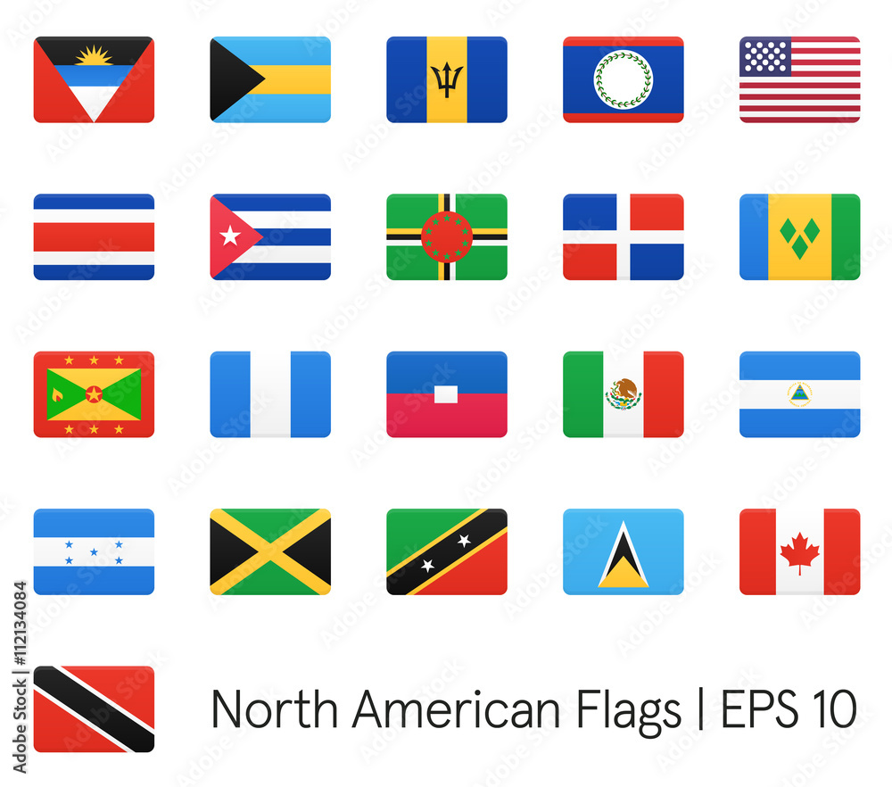 North American flags. Vector icons set.