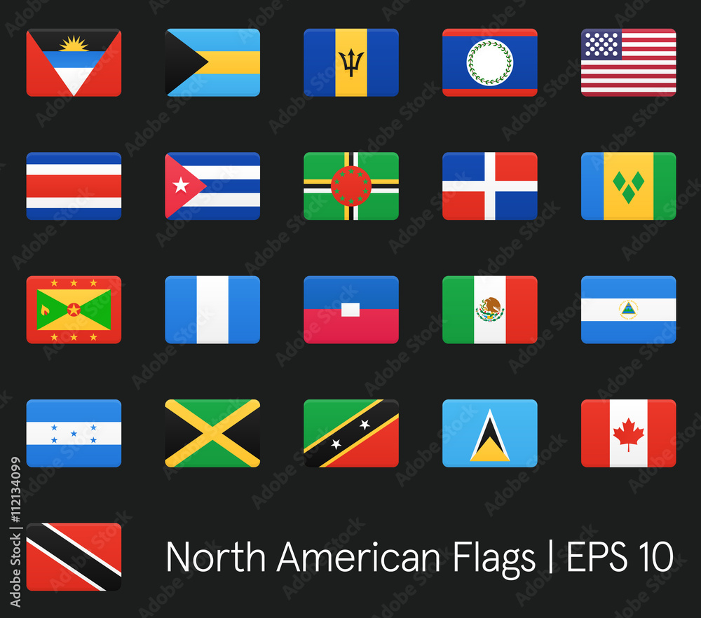 North American flags. Vector icons set. North American flags. Vector icons set.