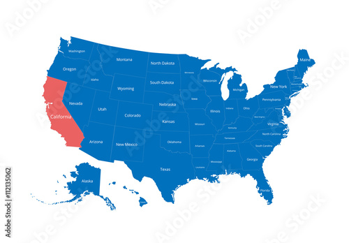 Map of the USA. Image with clipping path and name of states. State mark. California. Vector illustration.