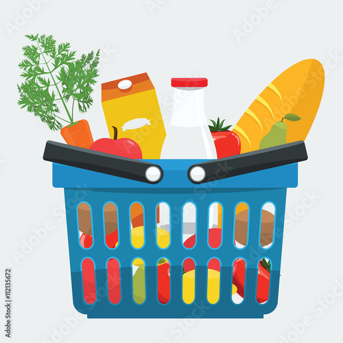 Supermarket basket full of fresh products, bread, vegetables. Food shopping basket with natural and organic food with flat color style