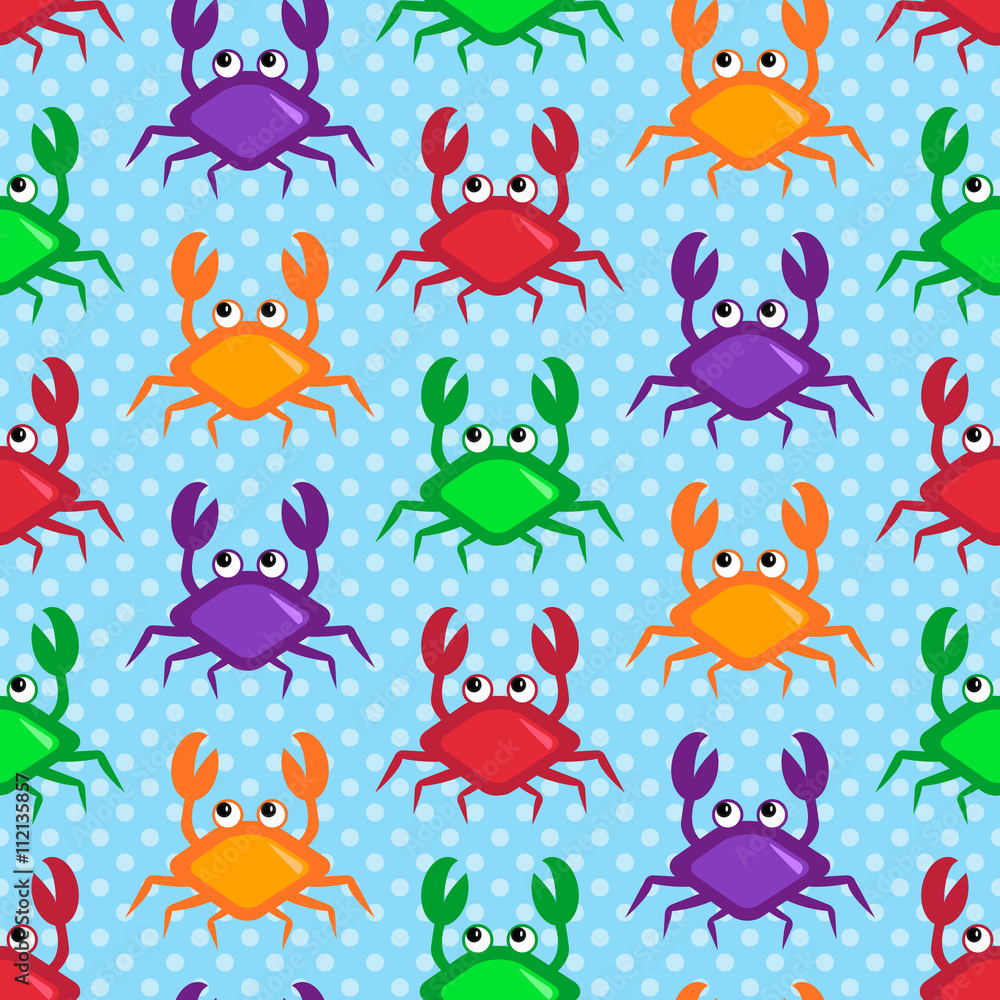 Naklejka premium Happy crabs pattern, Seamless colorful pattern with cartoon crabs, blue background with bubbles