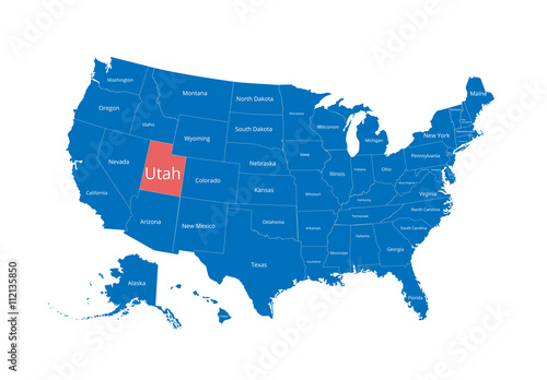 Map of the USA. Image with clipping path and name of states. State mark. Utah	. Vector illustration.