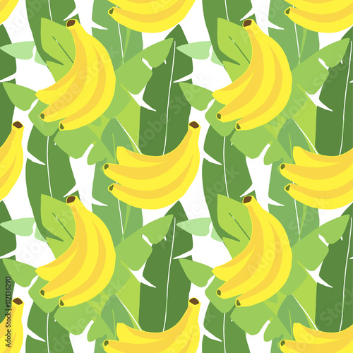 Tropical seamless pattern. Banana leaves, banana fruit. Flat design. Jungle vector illustration background