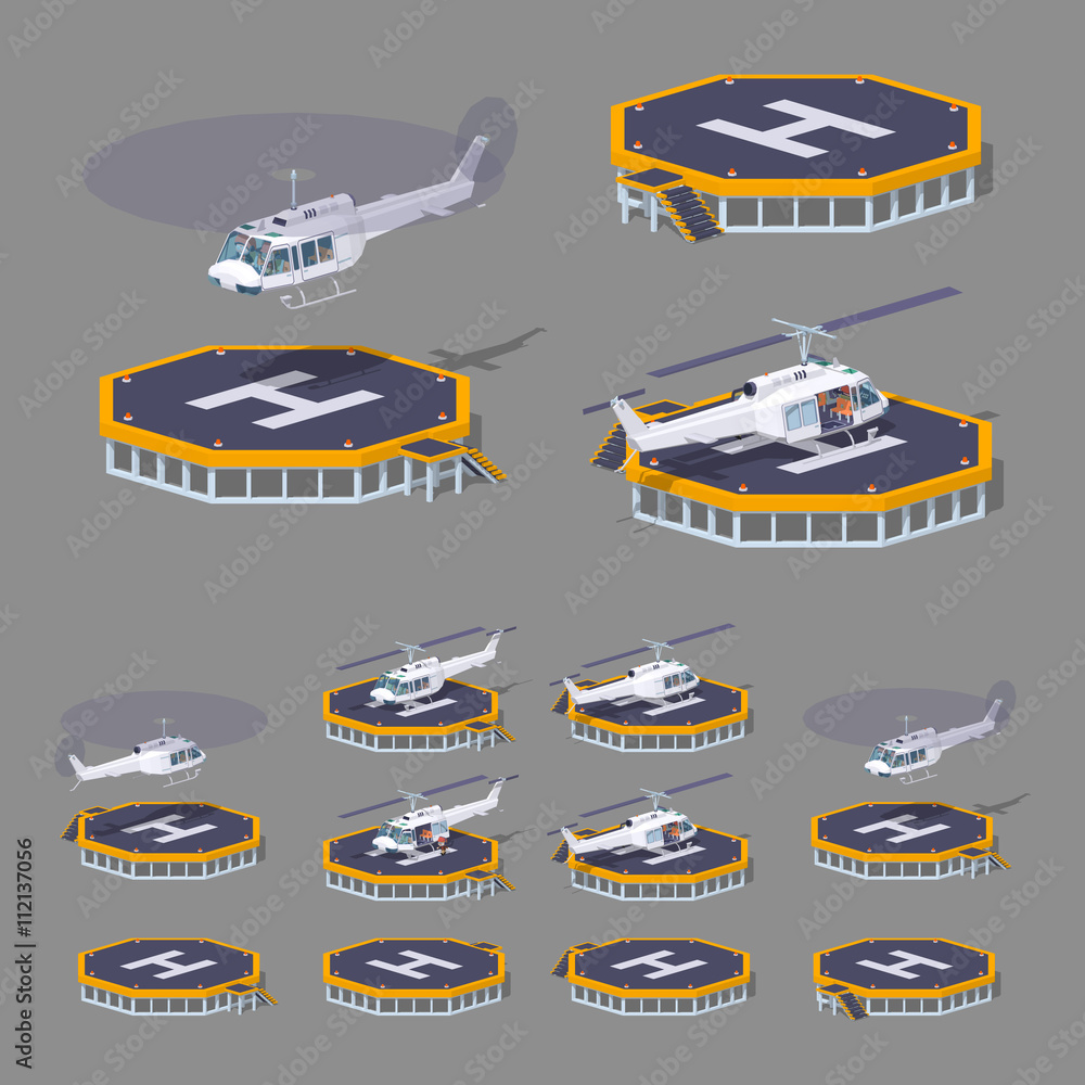 Heli pad. 3D lowpoly isometric vector illustration. The set of objects isolated against the grey background and shown from different sides Heli pad. 3D lowpoly isometric vector illustration. The set of objects isolated against the grey background and shown from different sides
