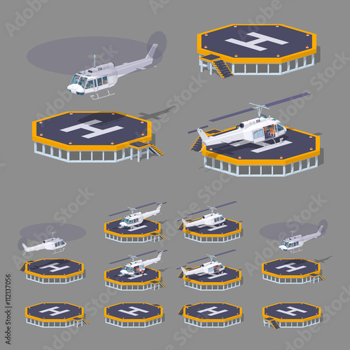 Heli pad. 3D lowpoly isometric vector illustration. The set of objects isolated against the grey background and shown from different sides