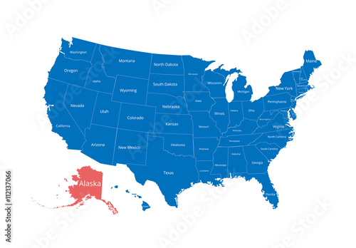 Map of the USA. Image with clipping path and name of states. State mark. Alaska. Vector illustration.