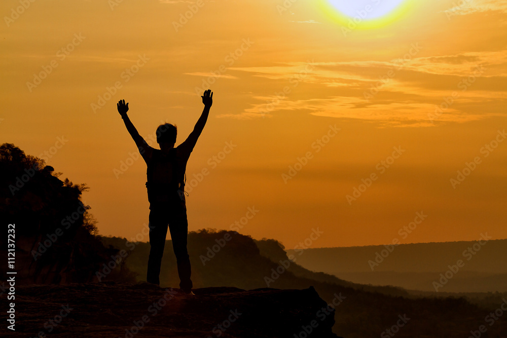 silhouette of man show arm up for achievements successful and ce