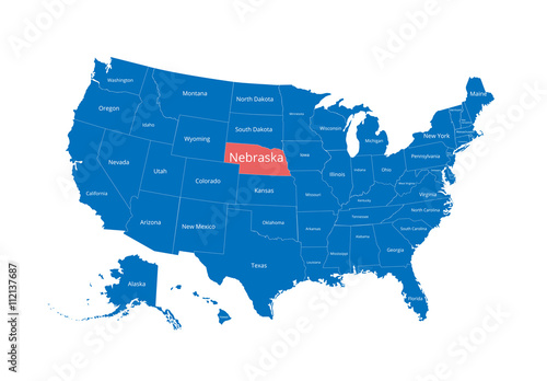 Map of the USA. Image with clipping path and name of states. State mark. Nebraska. Vector illustration. 