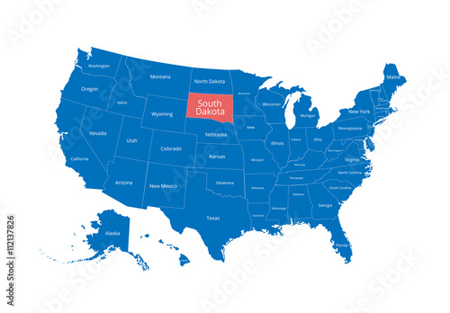 Map of the USA. Image with clipping path and name of states. State mark. South Dakota. Vector illustration.