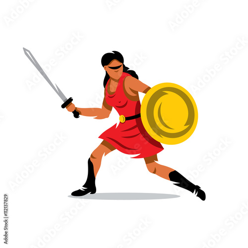 Vector Woman Warrior Cartoon Illustration. Abstract Protection of women sign.