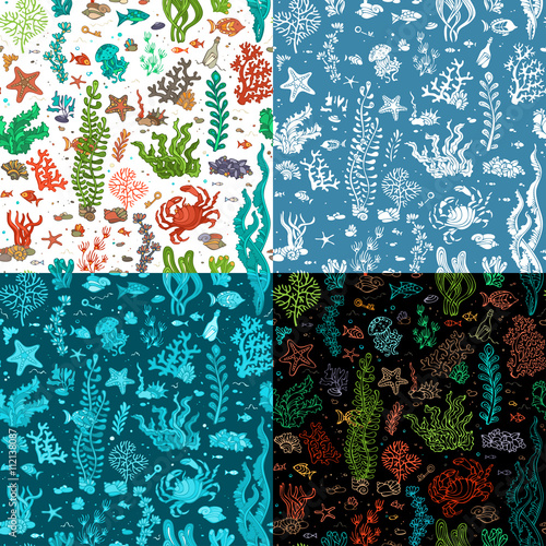 Set of seamless cartoon marine patterns.