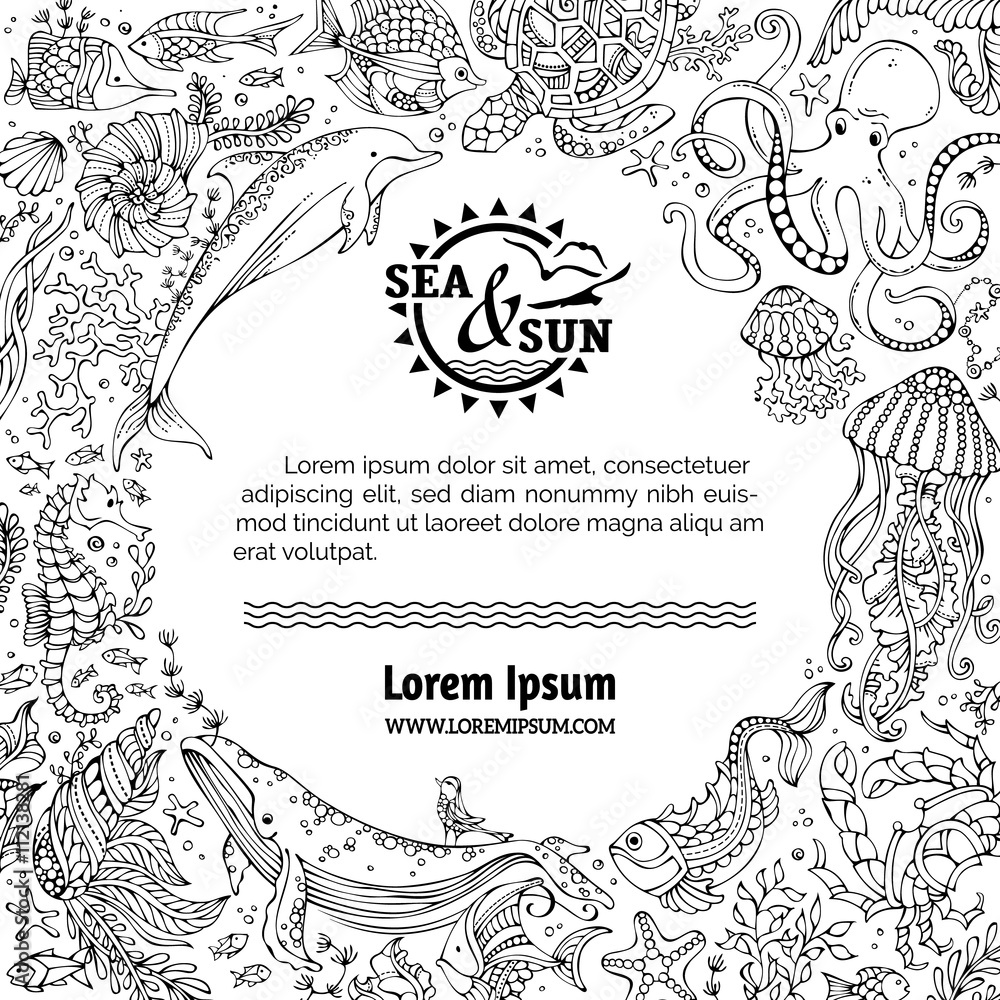 Obraz premium Hand-drawn doodles underwater sea life circle frame.