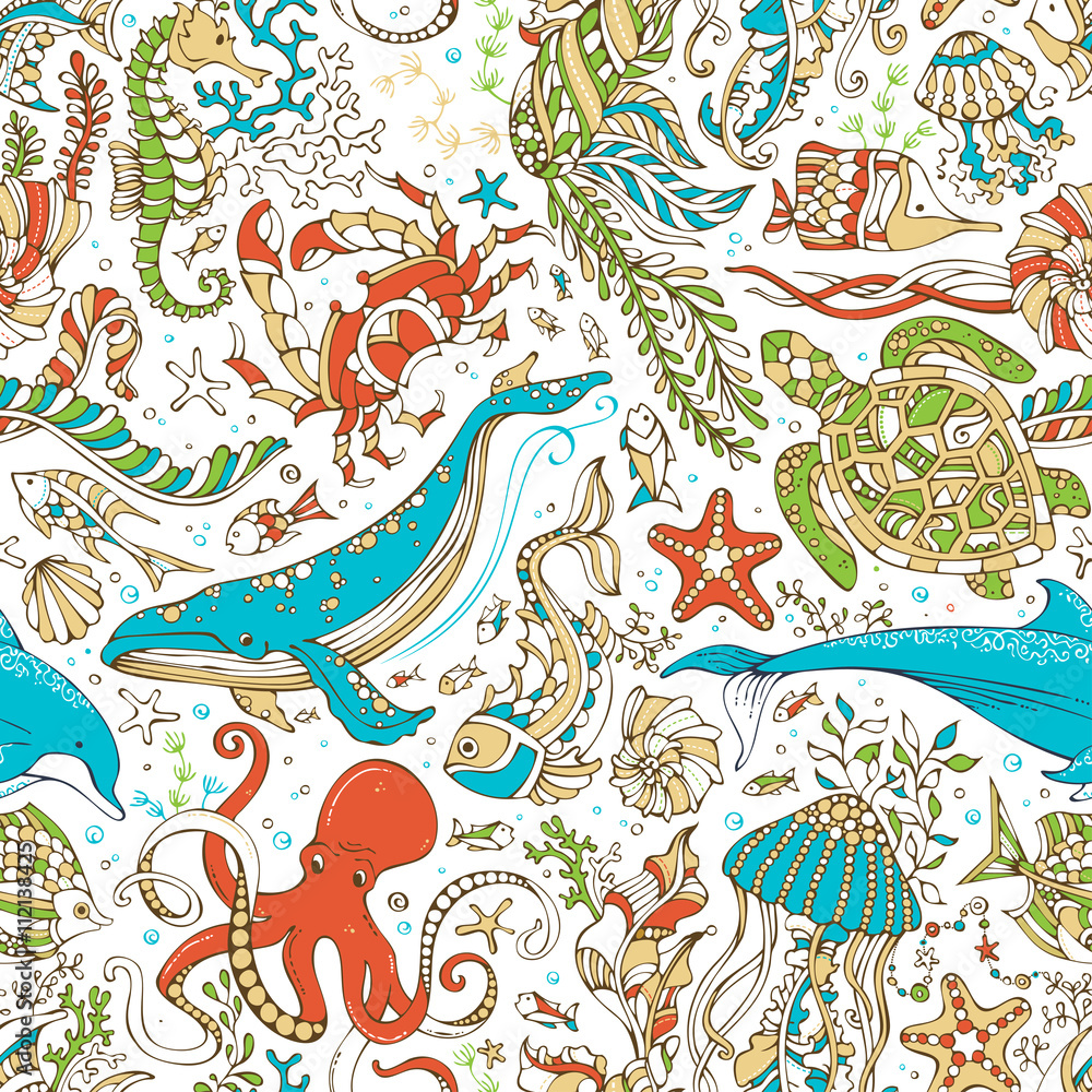 Obraz premium Vector seamless wild sea life pattern.