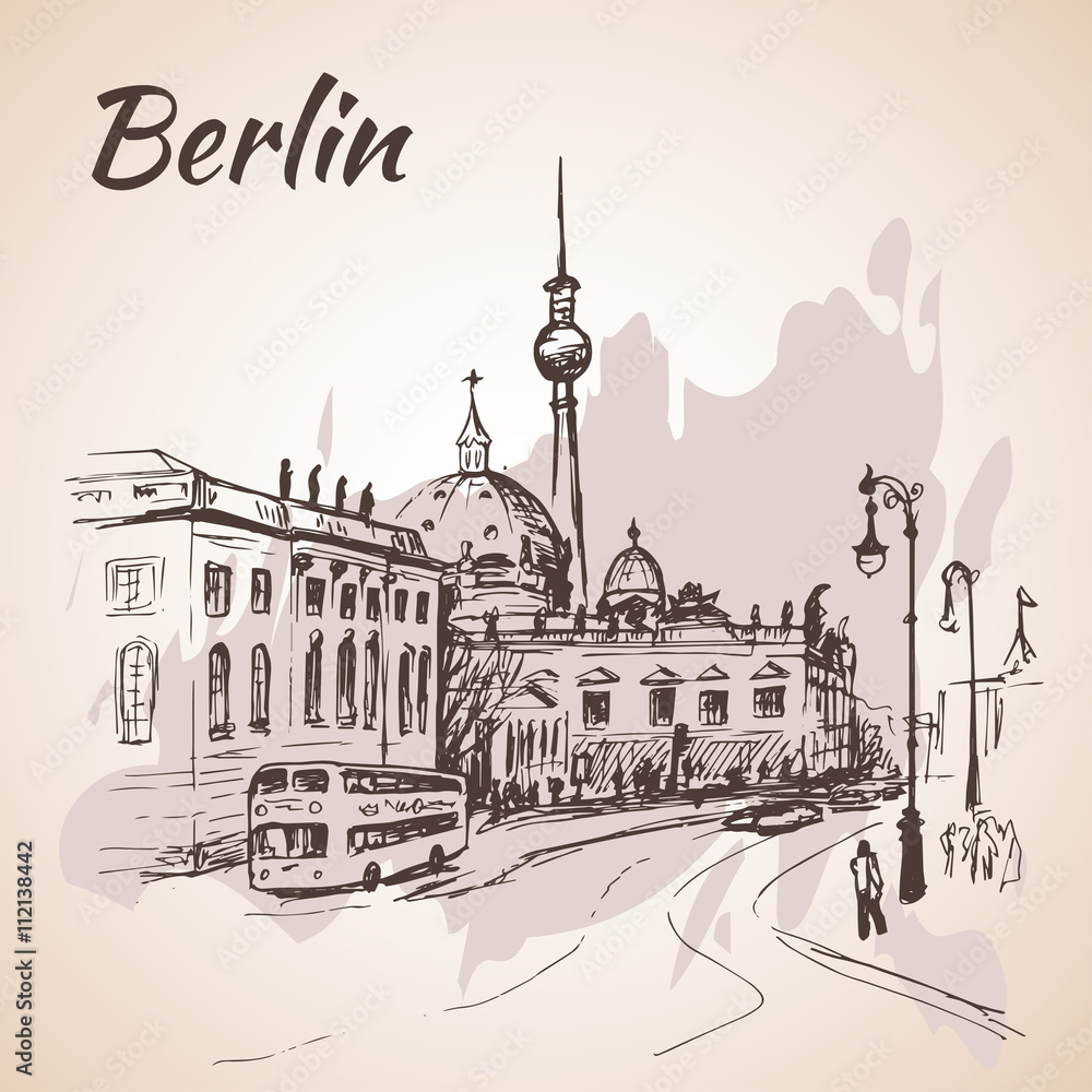 Naklejka premium Hand drawn Berlin street with buses and Berlin TV Tower