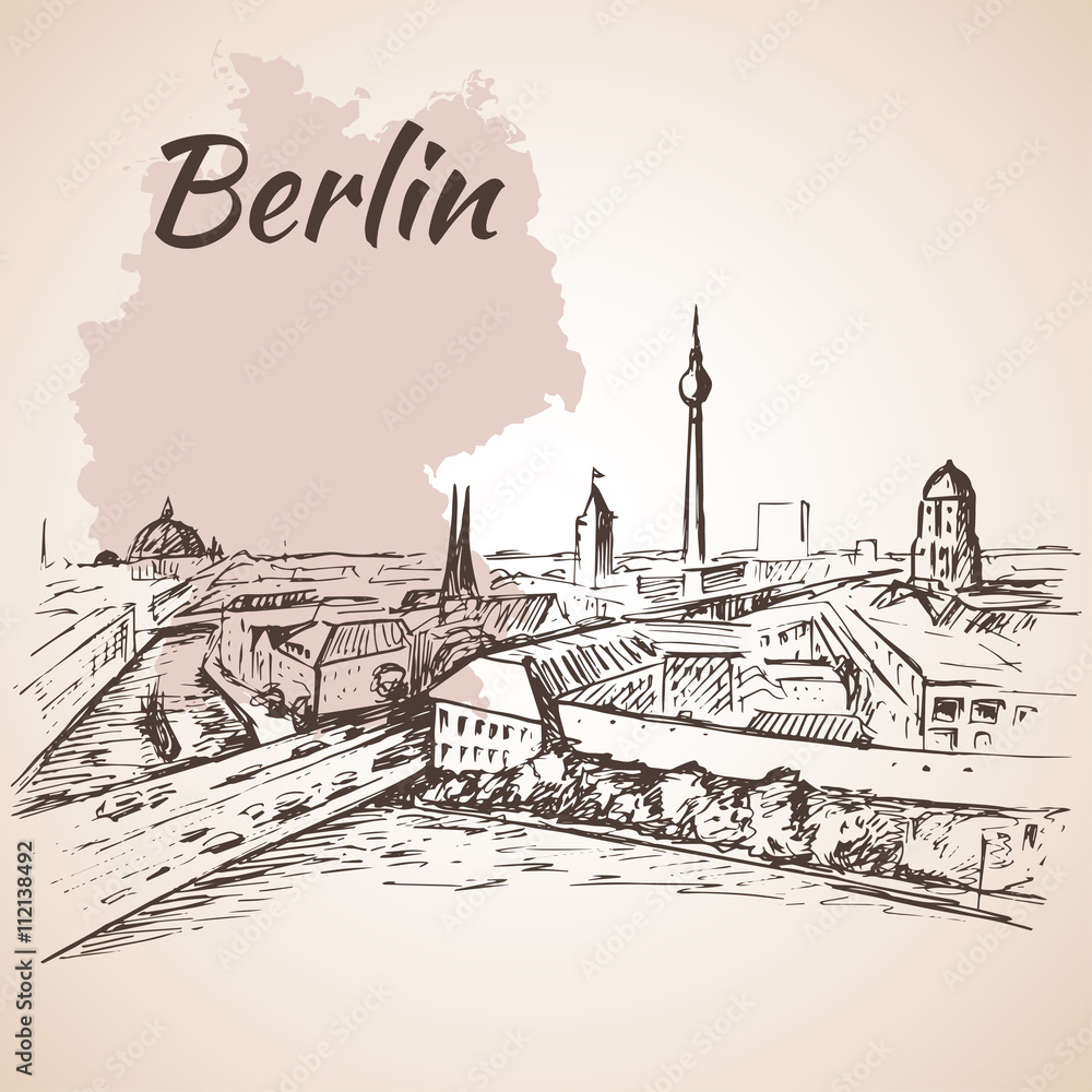 Hand drawn Berlin cityscape with Germany map