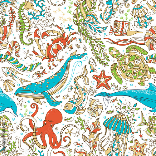 Vector seamless wild sea life pattern.