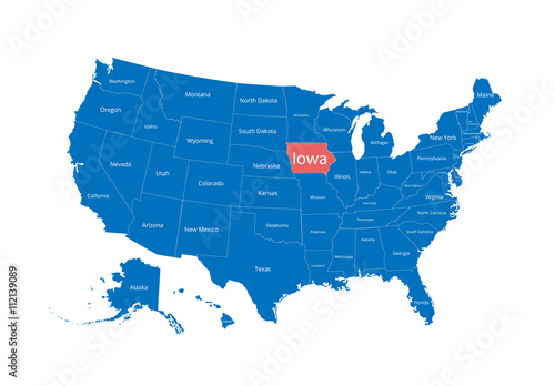 Map of the USA. Image with clipping path and name of states. State mark. Iowa. Vector illustration.