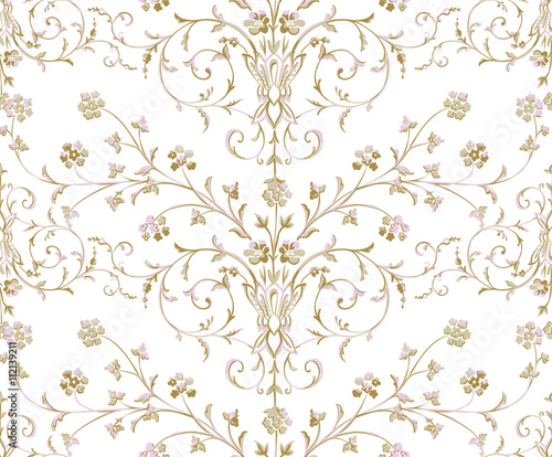 Gold Baroque seamless pattern on a white background.