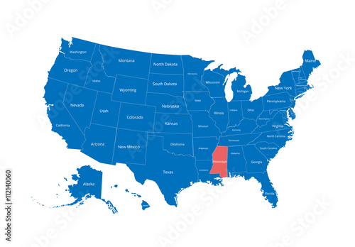 Map of the USA. Image with clipping path and name of states. State mark. Mississippi. Vector illustration.
