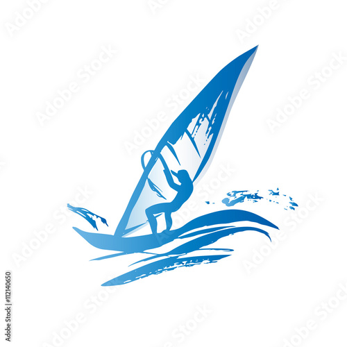 Blue silhouette of windsurfing man