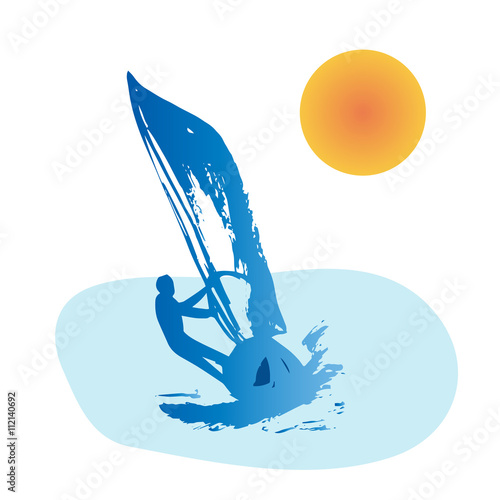 Blue silhouette of windsurfing man