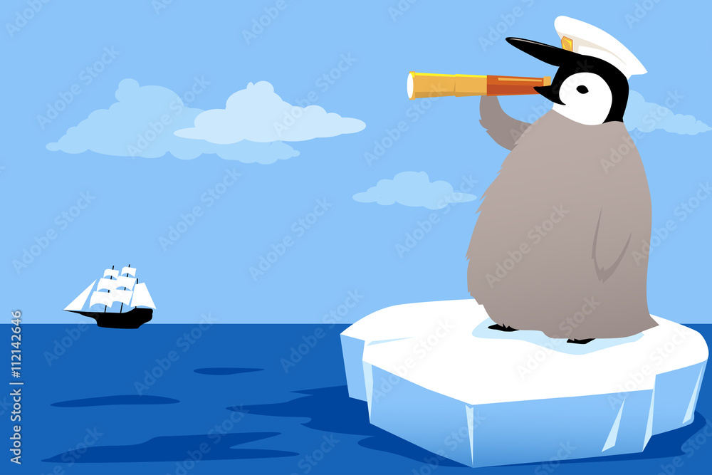 Fototapeta premium Baby penguin in a captain's hat riding an ice floe, looking in a telescope at the sailing ship on the horizon, EPS 8 vector illustration