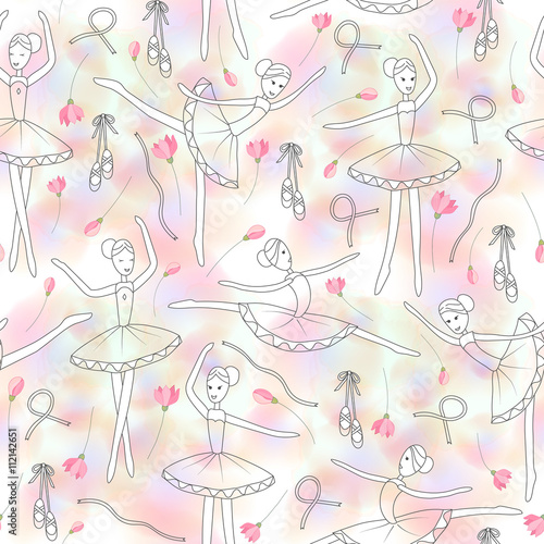 Seamless pattern with dancing ballerinas on a floral background. Vector