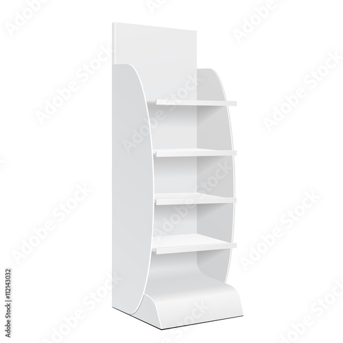 White POS POI Cardboard Floor Display Rack For Supermarket Blank Empty Displays With Shelves Products On White Background Isolated. Ready For Your Design. Product Packing. Vector EPS10