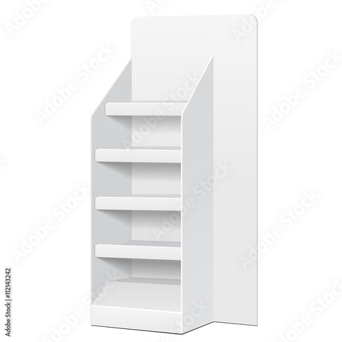 White POS POI Cardboard Floor Display Rack For Supermarket Blank Empty Displays With Shelves Products On White Background Isolated. Ready For Your Design. Product Packing. Vector EPS10