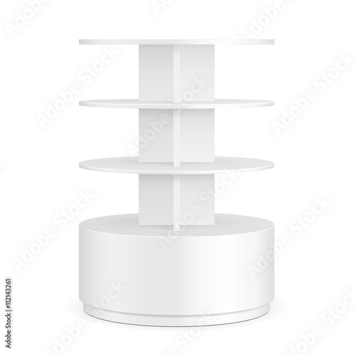 White Round POS POI Cardboard Floor Display Rack For Supermarket Blank Empty Displays With Shelves Products On White Background Isolated. Ready For Your Design. Product Packing. Vector EPS10