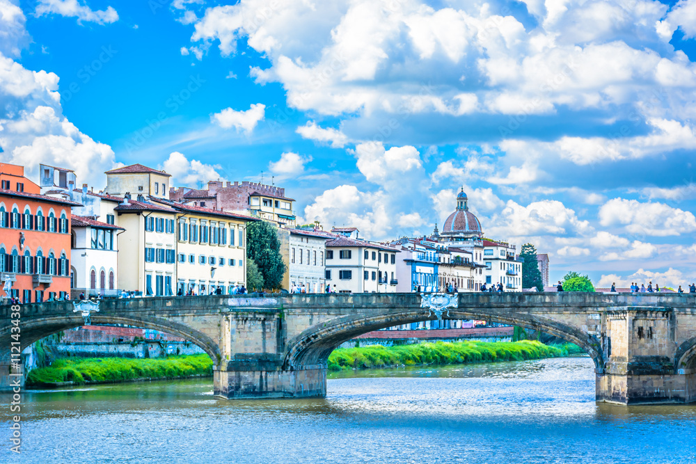 Florence Italy cityscape bridge. / Cityscape view at Florence, famous view in spring time, ancient architecture in Italy, Europe.