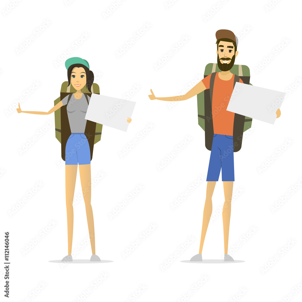 hitchhiker isolated. young woman and man. hitchhiking tourism. cartoon male and female. vector illustration in modern flat style. hitch hike traveler person design. road passenger.