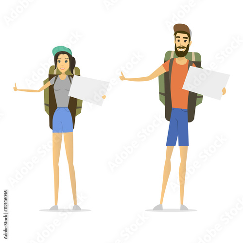 hitchhiker isolated. young woman and man. hitchhiking tourism. cartoon male and female. vector illustration in modern flat style. hitch hike traveler person design. road passenger.