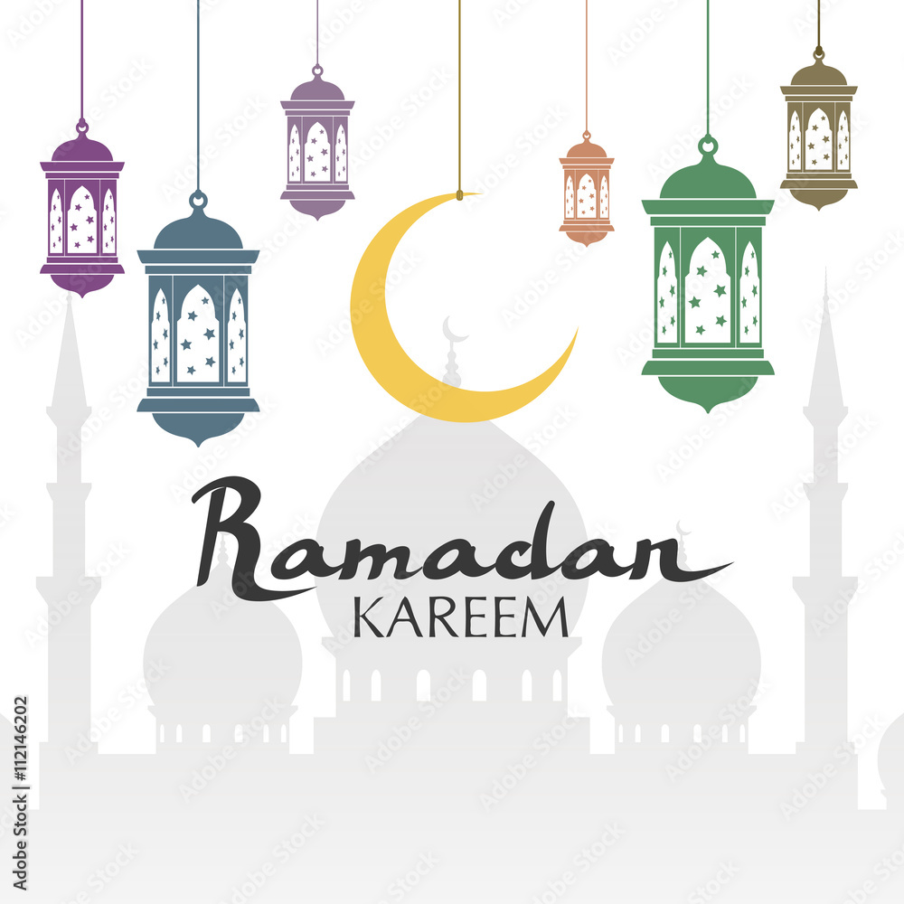 Ramadan kareem greeting banner. arabic calligraphy with mosque moon, lanterns. islam flat vector banner illustration. arabic background. ramadan kareem arabic text.