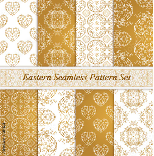 Eastern seamless patterns. Set in gold white colors.