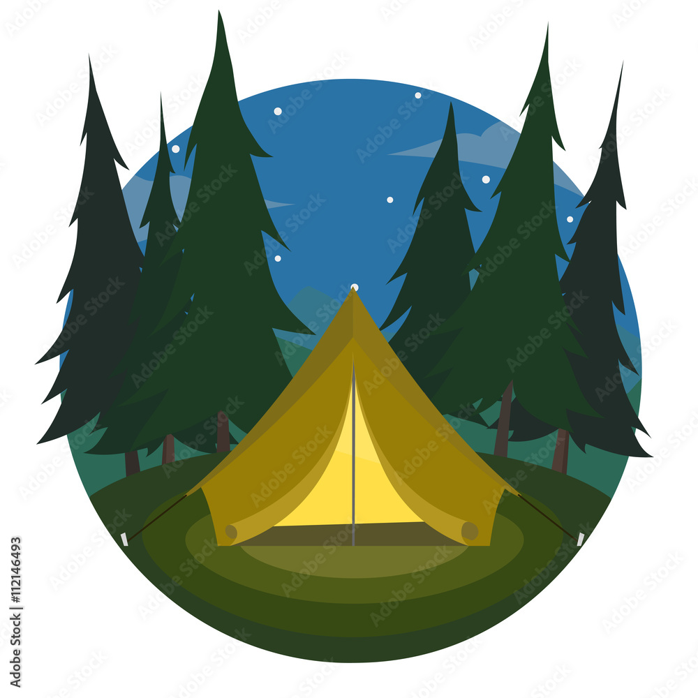 Cartoon yellow tent on a night landscape of trees and mountains icon. sports tourism in nature. Camping. The journey to the mountains and forests. Vector illustration. 