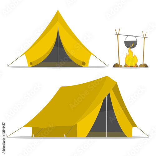 Yellow cartoon tent and set fire isolated. sports tourism in nature. Objects tents. Camping. The journey to the mountains and forests. Vector illustration. Summer rest.