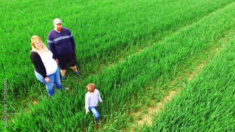 Aerial view of young farmer's family together on green wheat field. Agriculture and sustainable development. People working and enjoying life on countryside. People from drone. Aerial view of young farmer's family together on green wheat field. Agriculture and sustainable development. People working and enjoying life on countryside. People from drone.