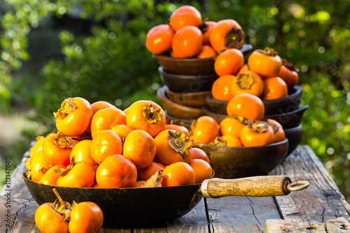 Orange persimmon kaki fruits in clay plates. garden