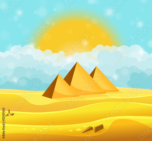 Cartoon Egyptian pyramids in the desert with clear cyan cloudy sky. Vector illustration