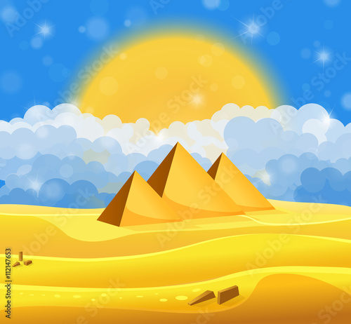 Cartoon Egyptian pyramids in the desert with blue cloudy sky. Vector illustration
