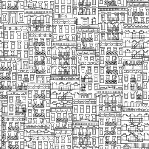 Seamless pattern of New York style houses with fire escape stairs