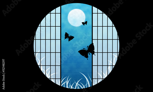 月夜 蝶 和風 丸窓 イラスト Stock Illustration Adobe Stock