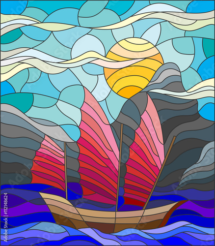 The Eastern ship with red sails on the background of sky, sun and rocky shores