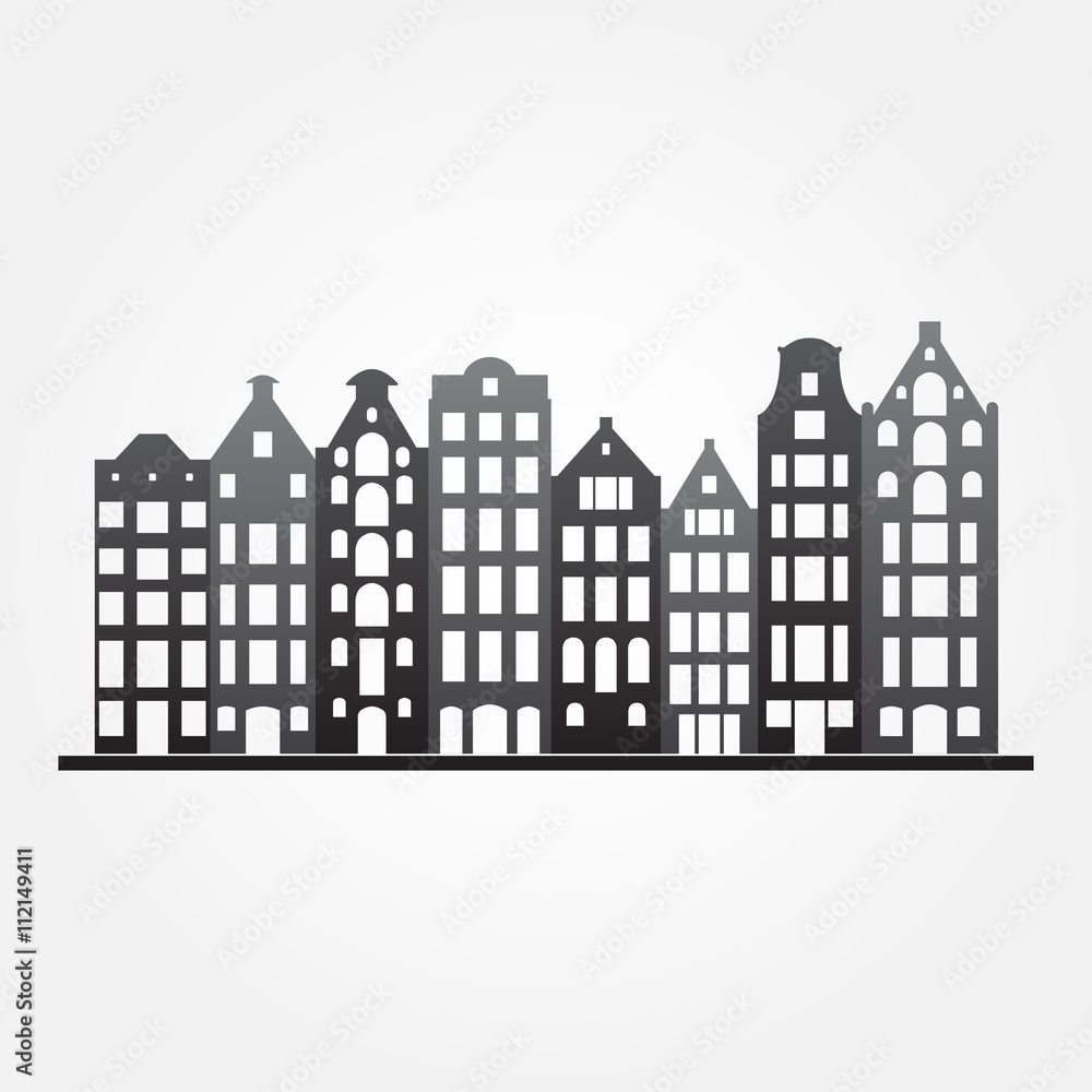 Buildings in old European style. City houses set. Urban landscape symbol. Vector illustration.