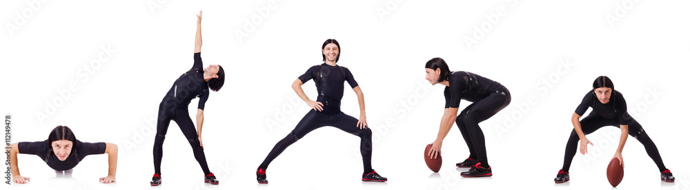 Young man doing exercises on white