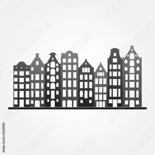 Buildings in old European style. City houses set. Urban landscape symbol. Vector illustration.