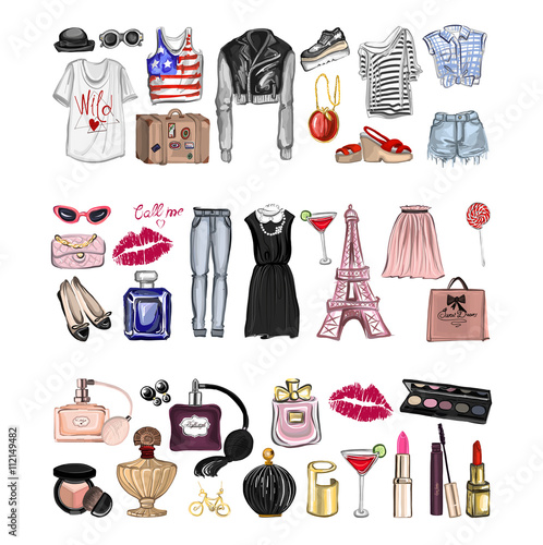 Vector set with fashion and perfume elements Digital watercolor