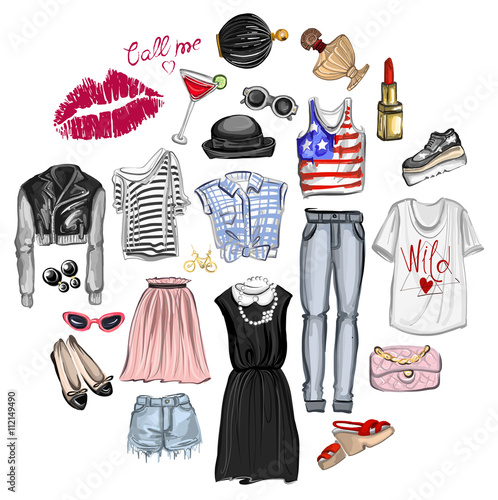 Vector set with fashion and perfume elements Digital watercolor