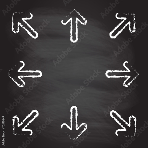 Hand drawn arrow icon set isolated on blackboard texture. Vector illustration.